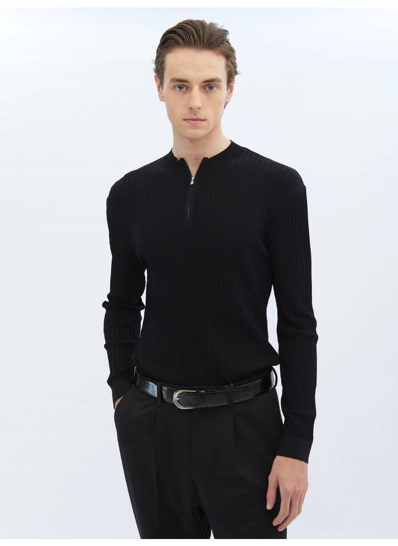 Black Half Turtleneck Patterned Sweater
