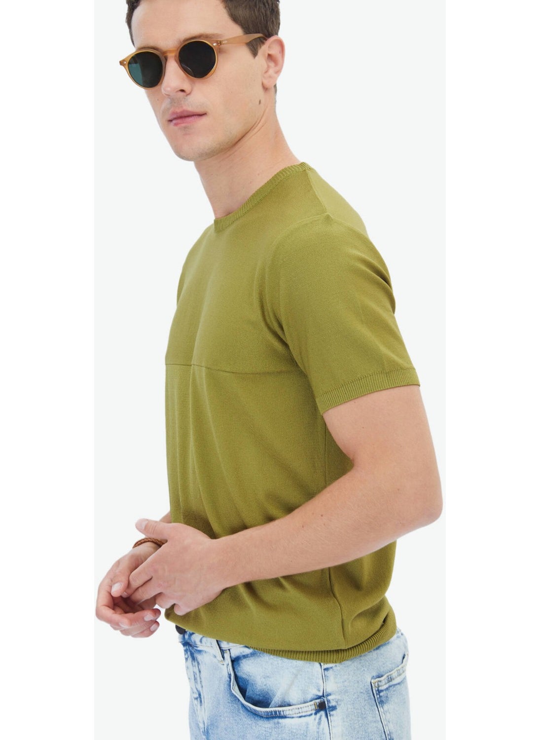 Oil Green Crew Neck Reverse Knit Sweater