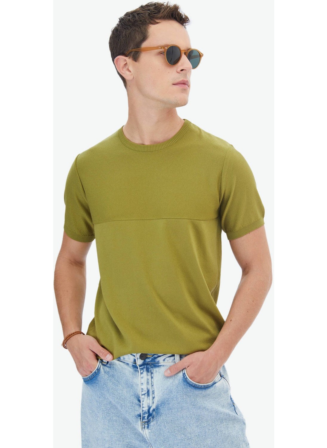 Oil Green Crew Neck Reverse Knit Sweater