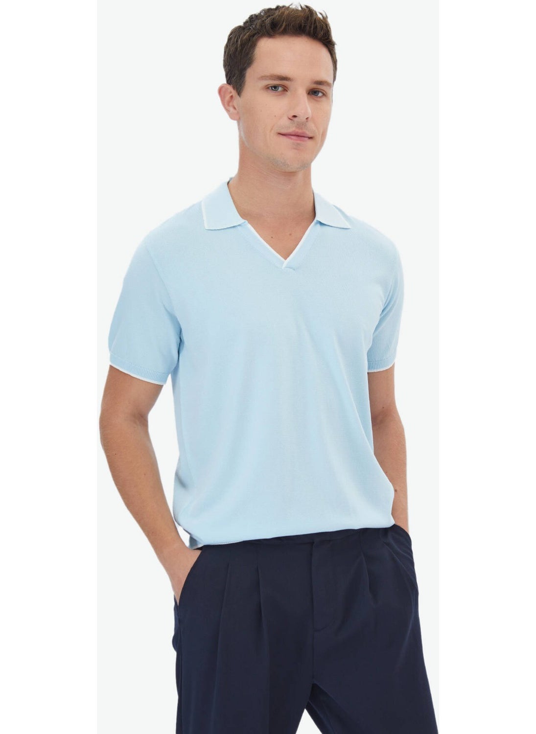 Light Blue Polo Neck Plain Knit Knitwear
