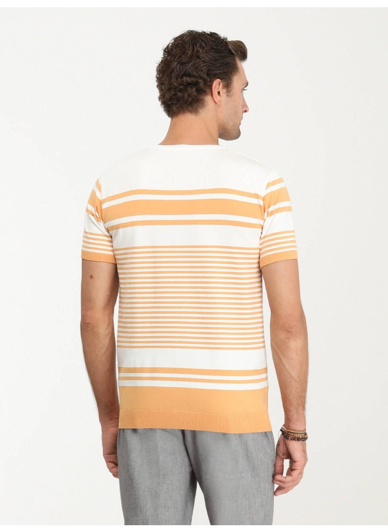 Salmon Crew Neck Striped Sweater