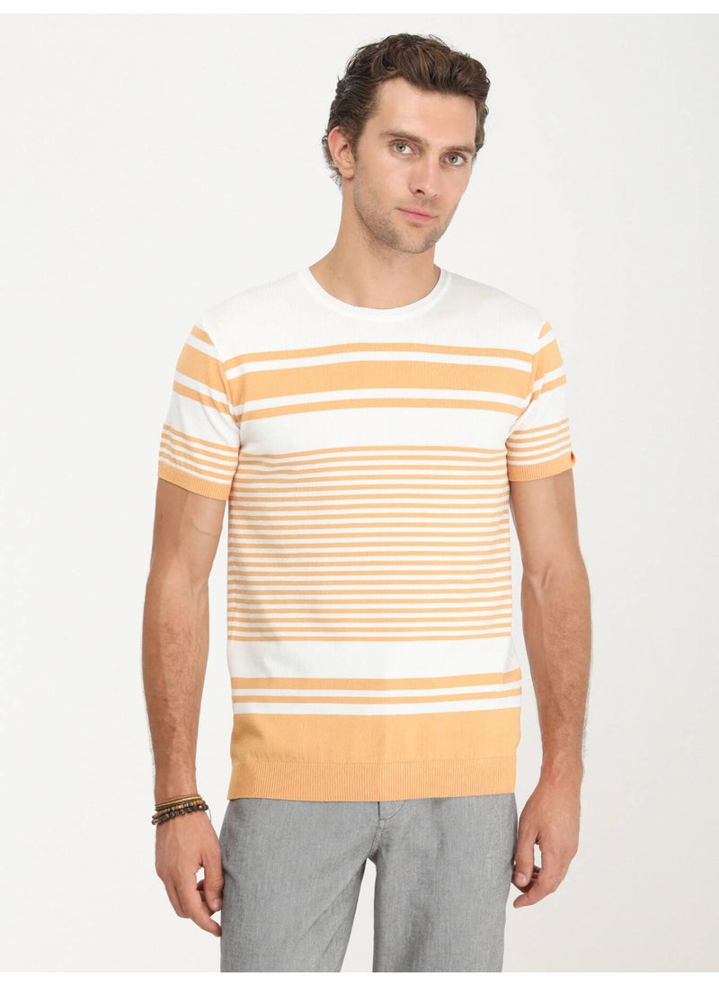 Salmon Crew Neck Striped Sweater