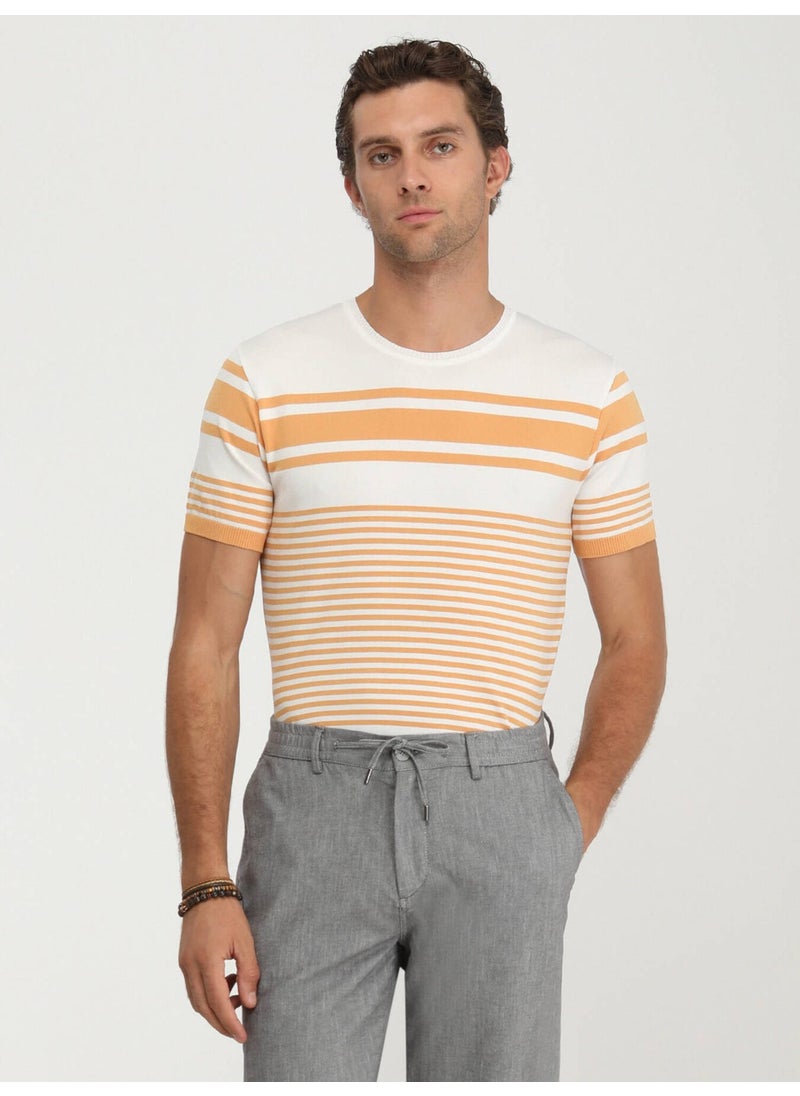 Salmon Crew Neck Striped Sweater