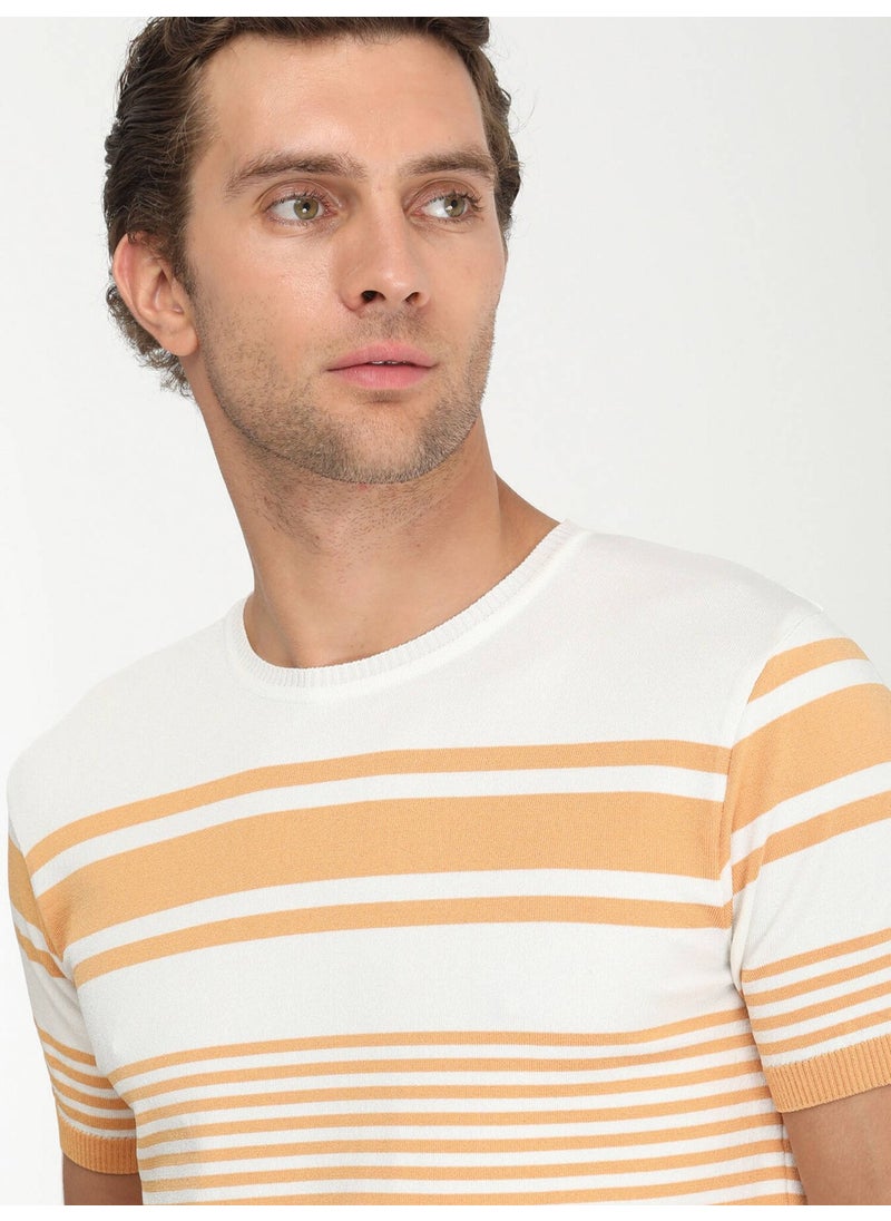 Salmon Crew Neck Striped Sweater