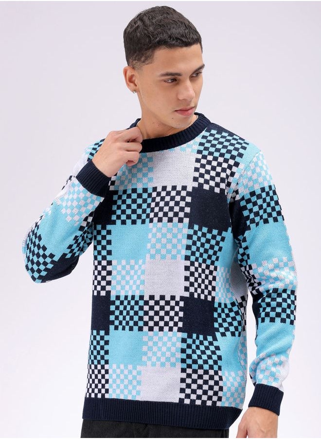 Men Relaxed Fit Checkered Crew Neck Sweater