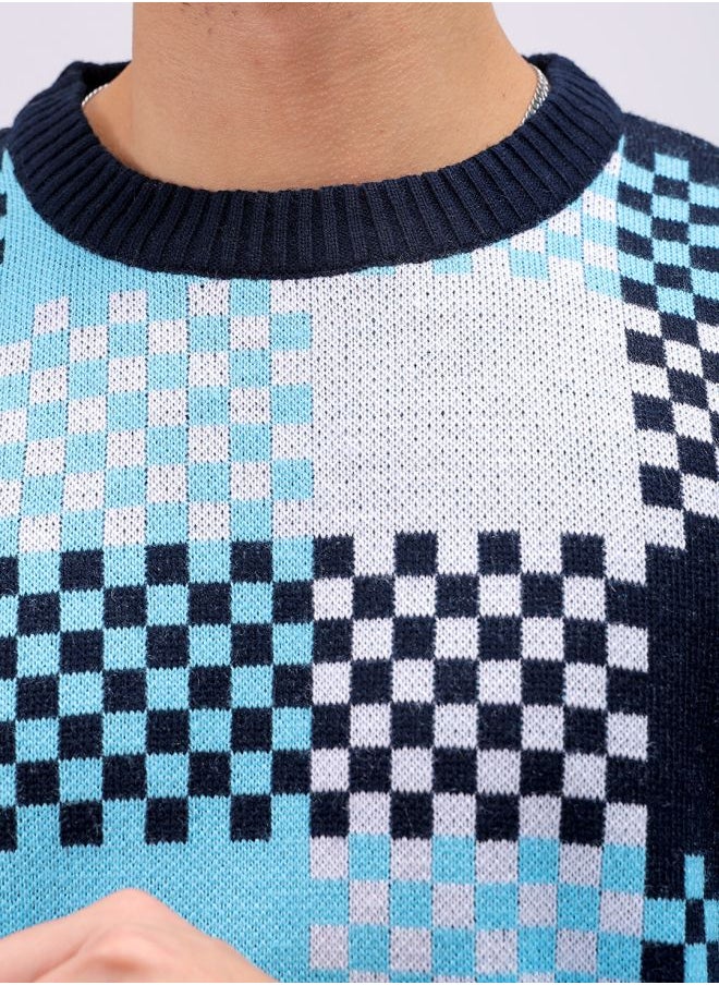 Men Relaxed Fit Checkered Crew Neck Sweater