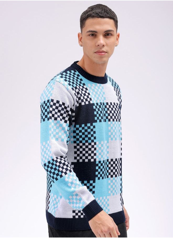 Men Relaxed Fit Checkered Crew Neck Sweater
