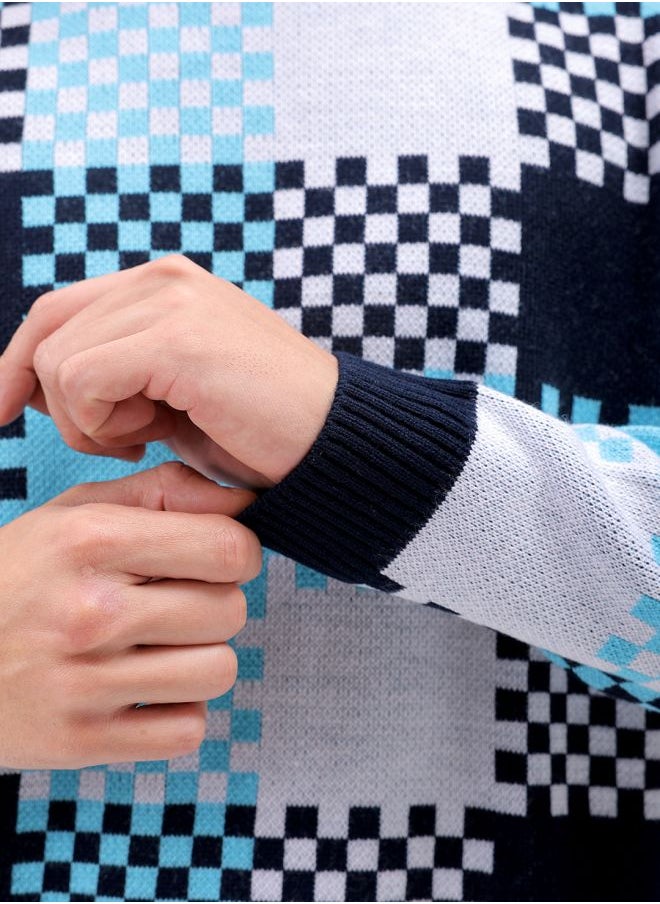 Men Relaxed Fit Checkered Crew Neck Sweater