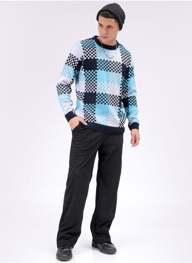 Men Relaxed Fit Checkered Crew Neck Sweater