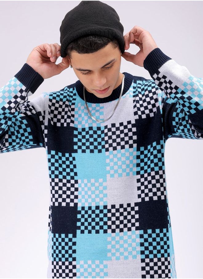 Men Relaxed Fit Checkered Crew Neck Sweater