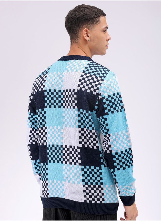 Men Relaxed Fit Checkered Crew Neck Sweater