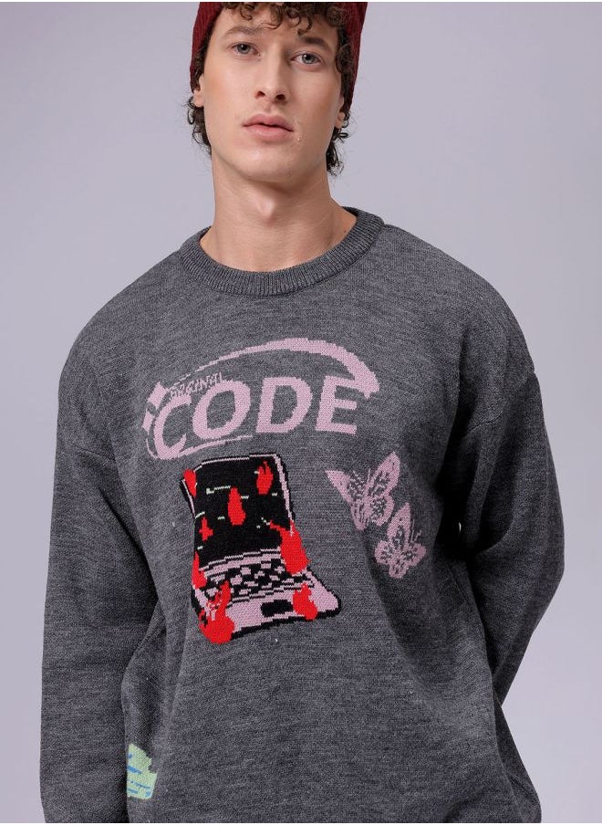 Men Oversized Graphic Crew Neck Sweater