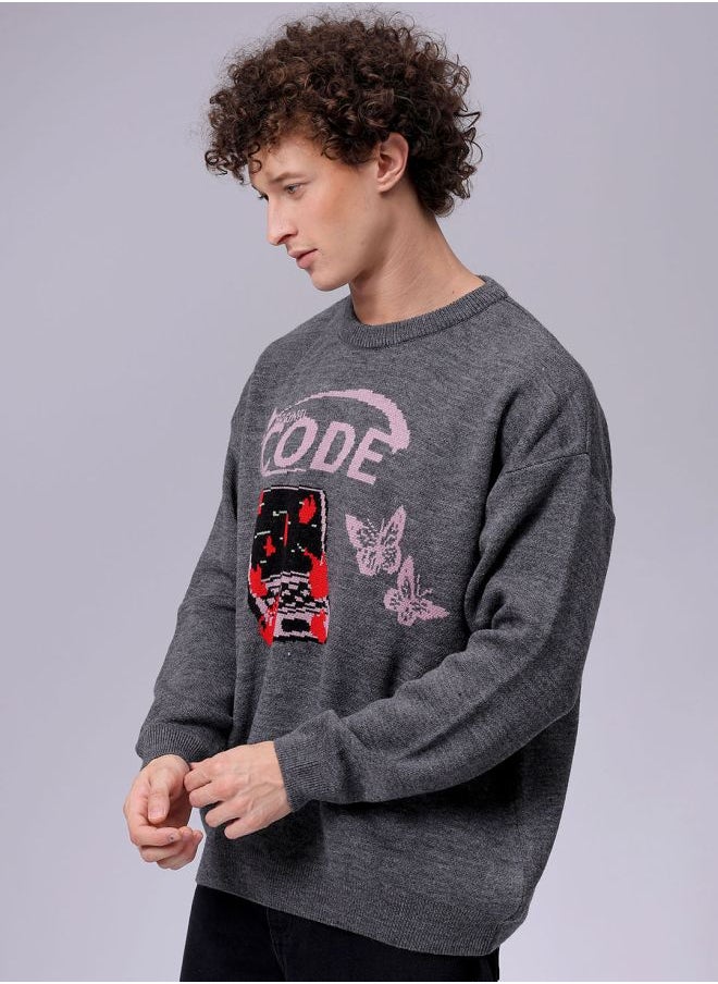 Men Oversized Graphic Crew Neck Sweater