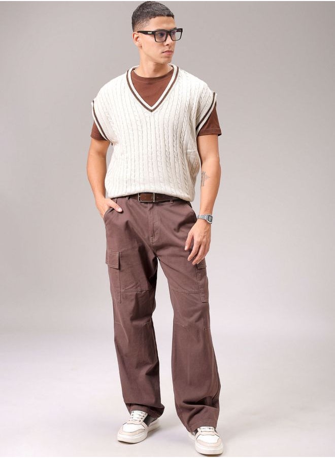 Men Oversized Textured V-Neck Sweater