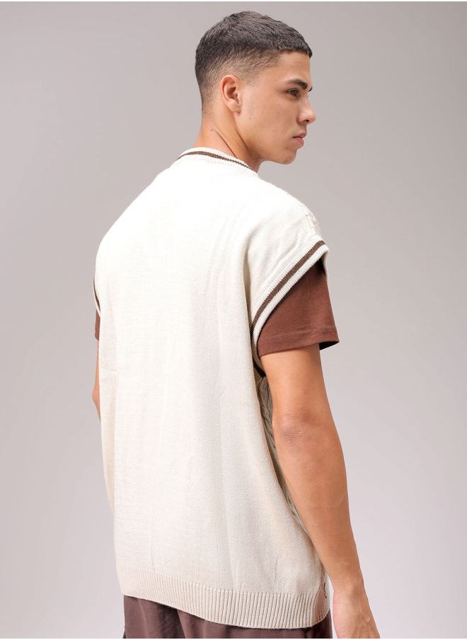 Men Oversized Textured V-Neck Sweater
