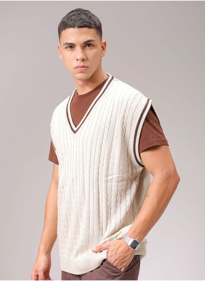 Men Oversized Textured V-Neck Sweater