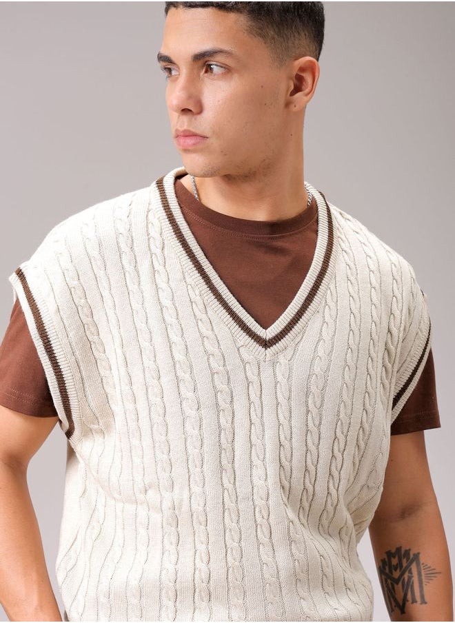 Men Oversized Textured V-Neck Sweater