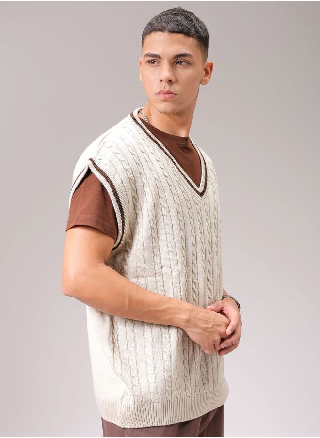 Men Oversized Textured V-Neck Sweater