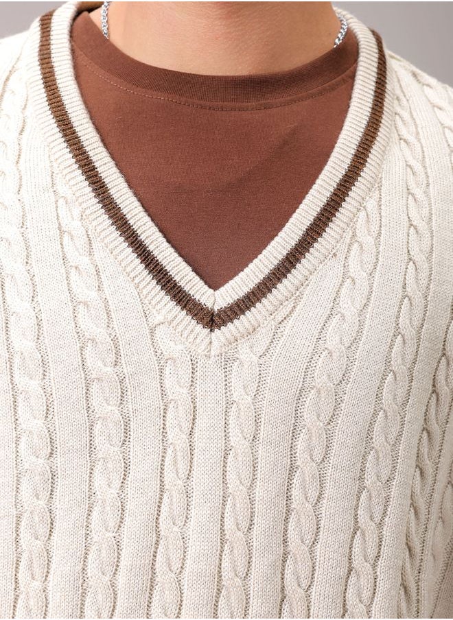 Men Oversized Textured V-Neck Sweater