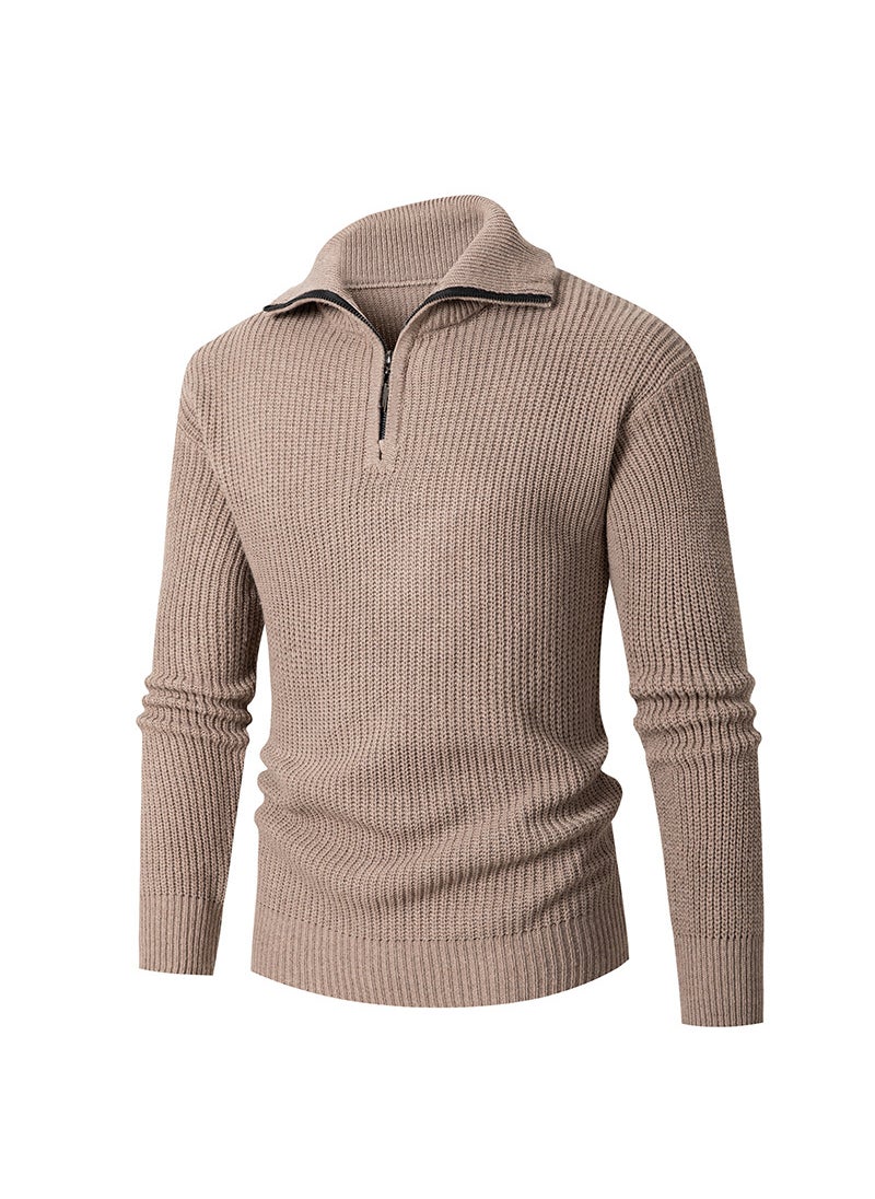 Mens Autumn/winter Half-zip Sweater Lapel Warm Knit Base Layer Top Solid Colors Slimming Smoothing Effect Khaki