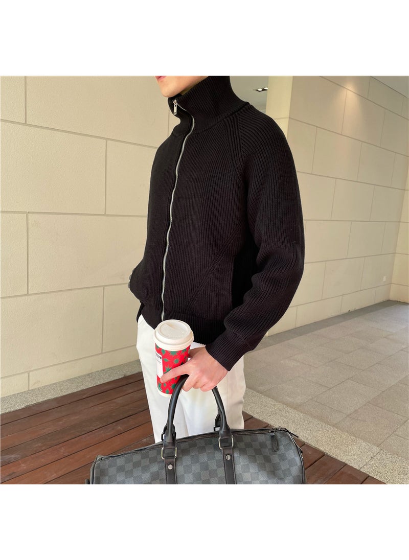 Stand Collar Thick Mens Zip Knit Sweater Jacket Black