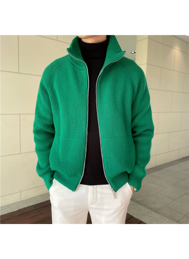Stand Collar Thick Mens Zip Knit Sweater Jacket Green