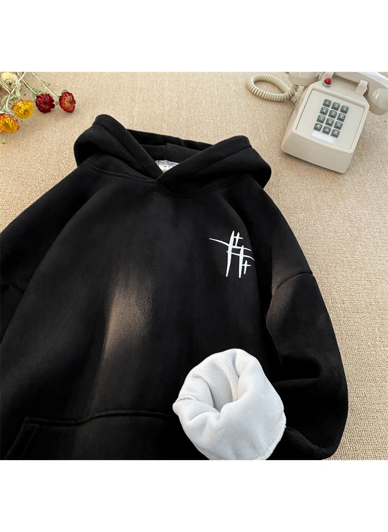 Japanese Style Heavy Weight American Style Sweatshirt Mens Autumn Vintage Hooded Jacket Trendy Brand Top With Cap Printing 2024 Black