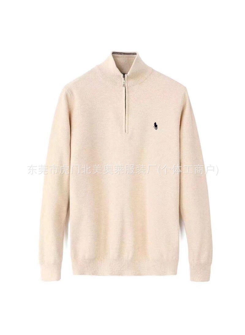 New Arrival Autumn/Winter Mens Sweater Stand Collar Zipper Paul Moshan Jumper Mens Pearls Ground Pure Cotton Embroidery Knitte Khaki