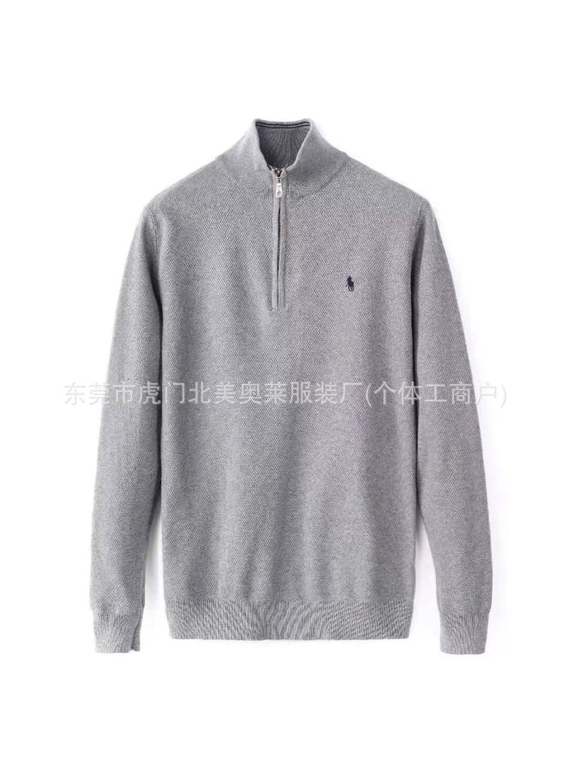 New Arrival Autumn/Winter Mens Sweater Stand Collar Zipper Paul Moshan Jumper Mens Pearls Ground Pure Cotton Embroidery Knitte Gray