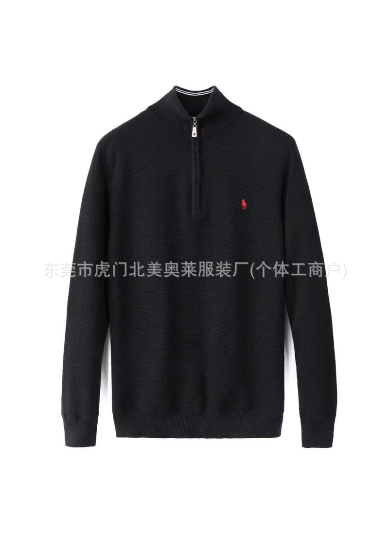 New Arrival Autumn/Winter Mens Sweater Stand Collar Zipper Paul Moshan Jumper Mens Pearls Ground Pure Cotton Embroidery Knitte Black