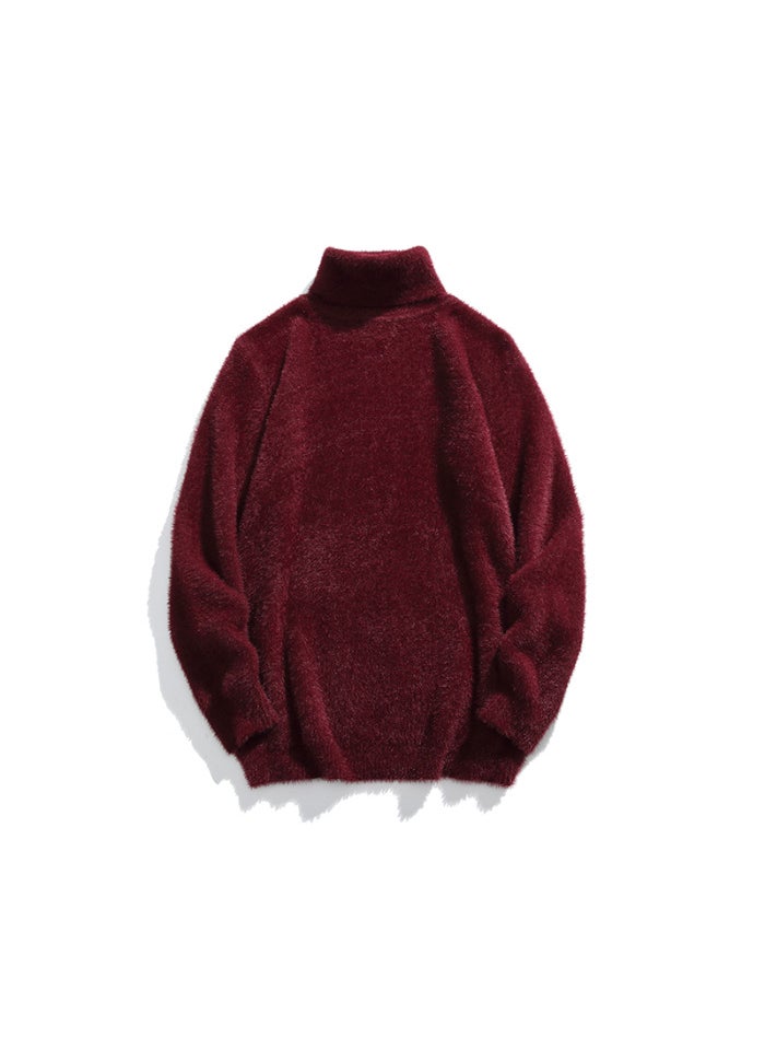 Mens Polo/Turtle Neck Sweater New Style Thickened Warm Inner Knitted Top Trendy Soft And Supple Versatile Top For Autumn Winter Wine red