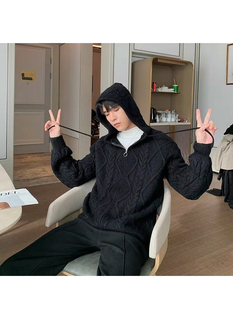 2024 Autumn/Winter New Trendy Brand Thickened Hooded Sweater Design Sensible Casual Cable Knit Top Jacket For Men And Women Black