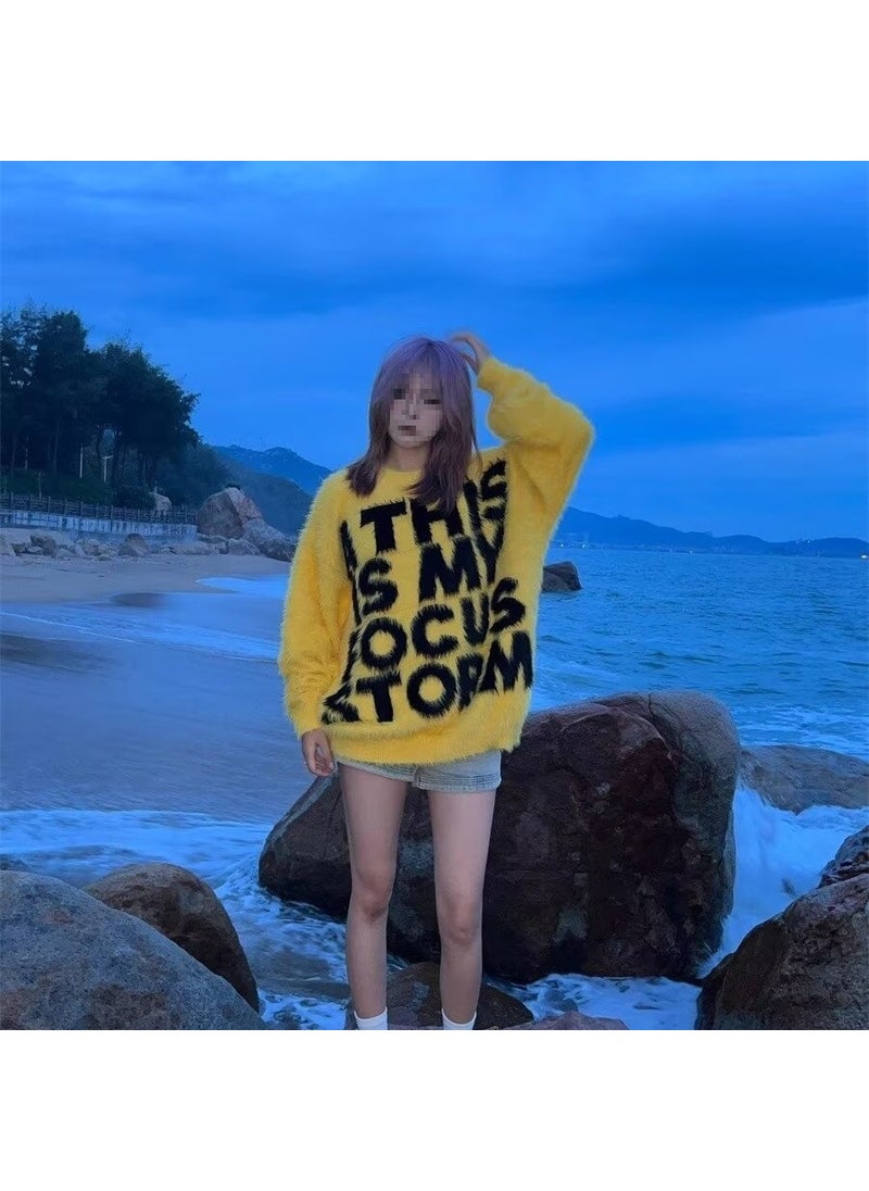 Lazy Style Sweater Unisex Loose American Street Fashion Couple Matching Letter Casual Sweater Top Machine Washable Long Sleeve round Neck Yellow [counter quality]]