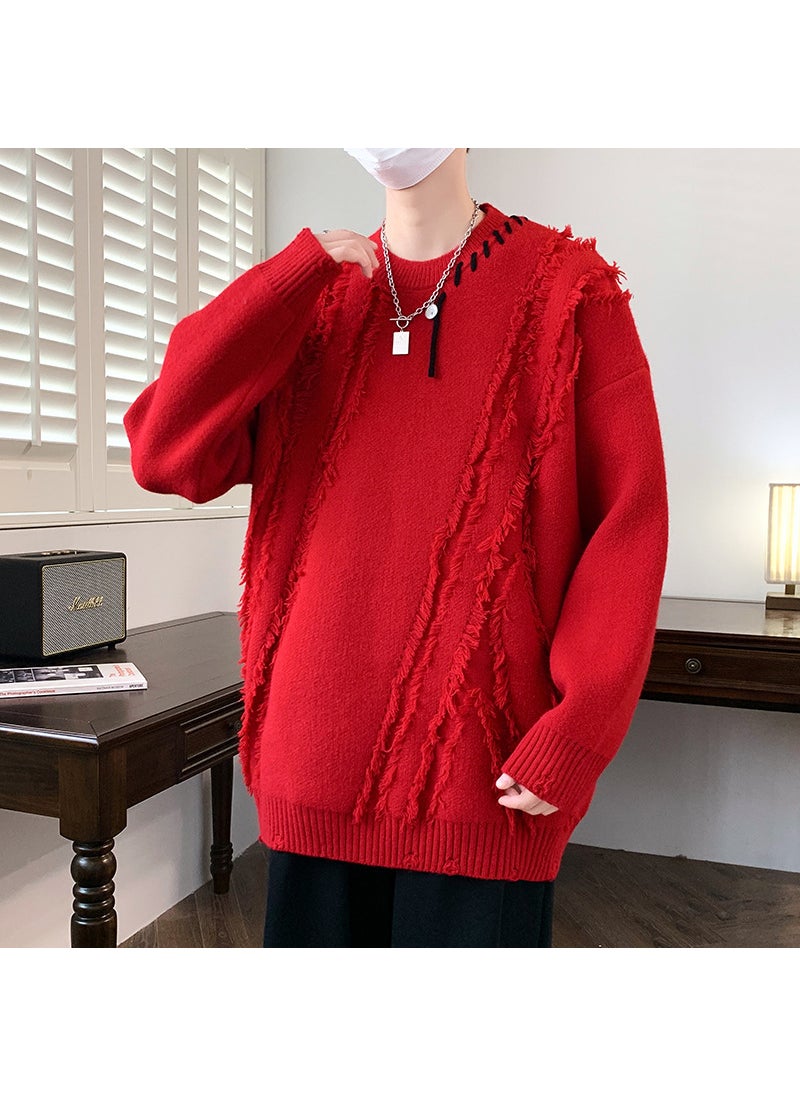 New Arrival Autumn/Winter Mens Long Sleeve Knitted Casual Sweater Crew Neck Pullover Cozy and Stylish for Daily Wear Red