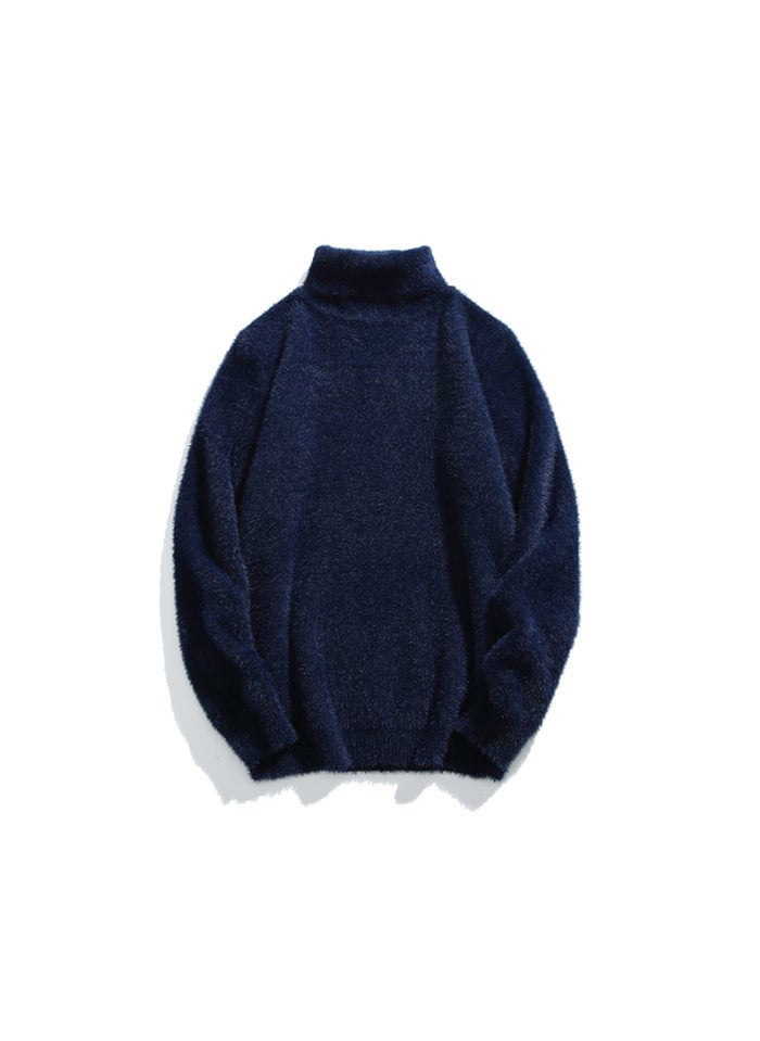 Mens Polo/Turtle Neck Sweater New Style Thickened Warm Inner Knitted Top Trendy Soft And Supple Versatile Top For Autumn Winter Navy blue