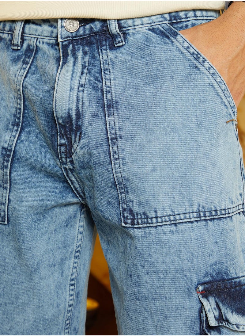 Men's Indigo Blue Acid-Wash Carpenter Denim Jeans