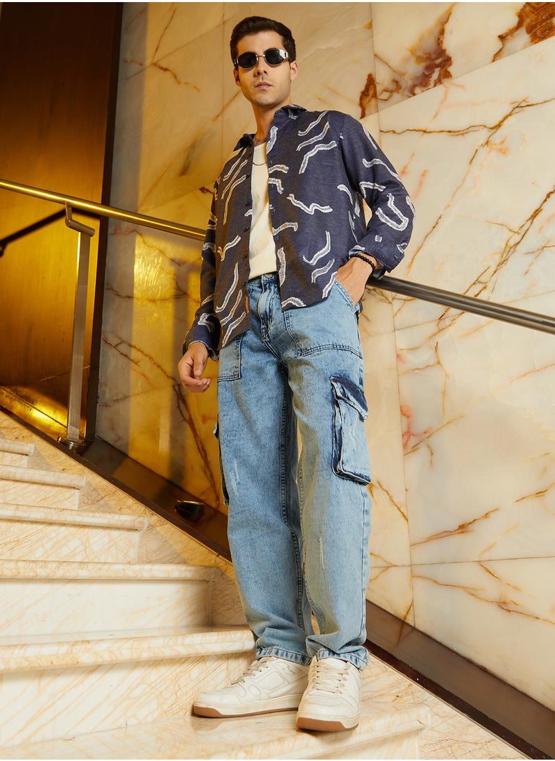 Men's Indigo Blue Acid-Wash Carpenter Denim Jeans