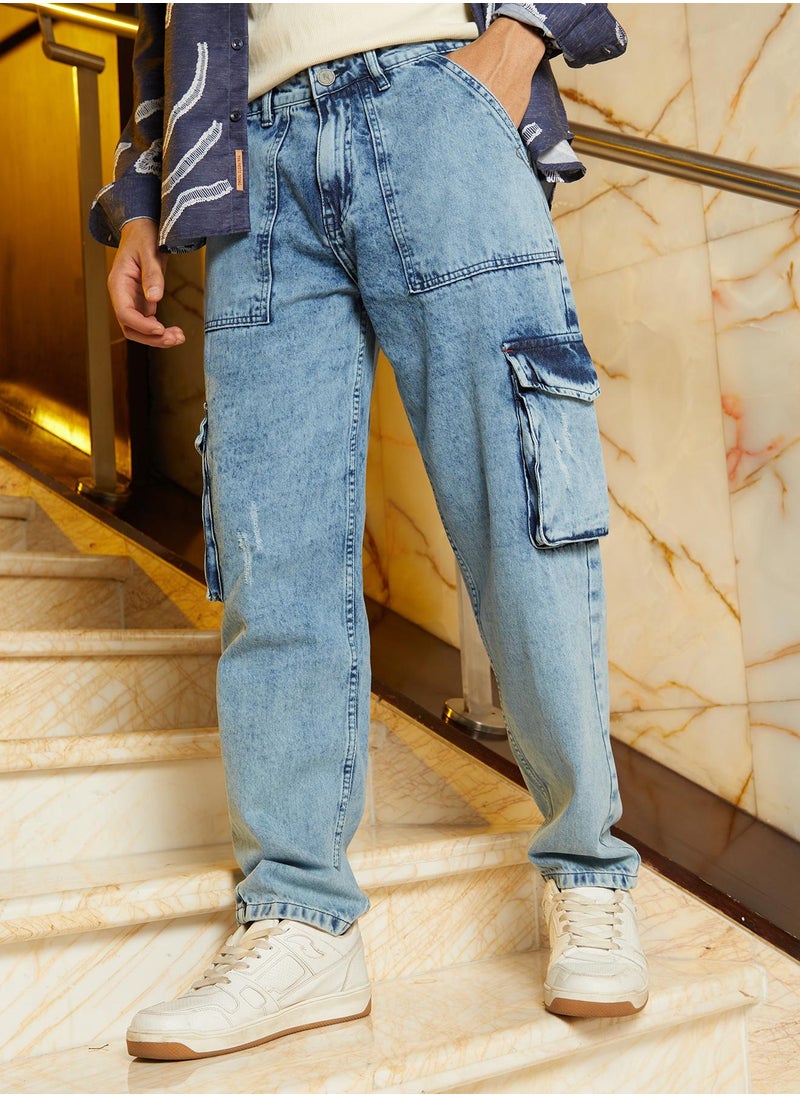 Men's Indigo Blue Acid-Wash Carpenter Denim Jeans