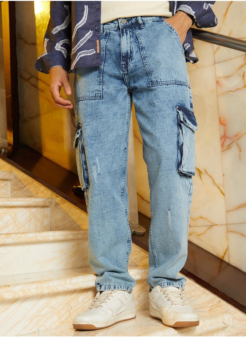 Men's Indigo Blue Acid-Wash Carpenter Denim Jeans