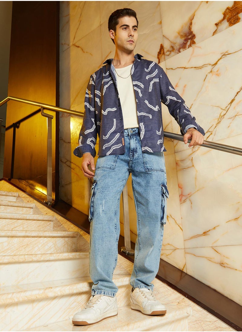 Men's Indigo Blue Acid-Wash Carpenter Denim Jeans
