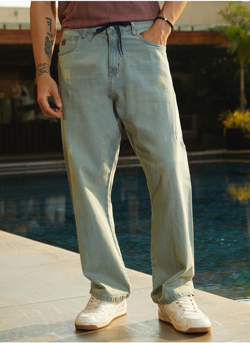 Men's Light Blue Light-Wash Straight-Fit Denim Jeans