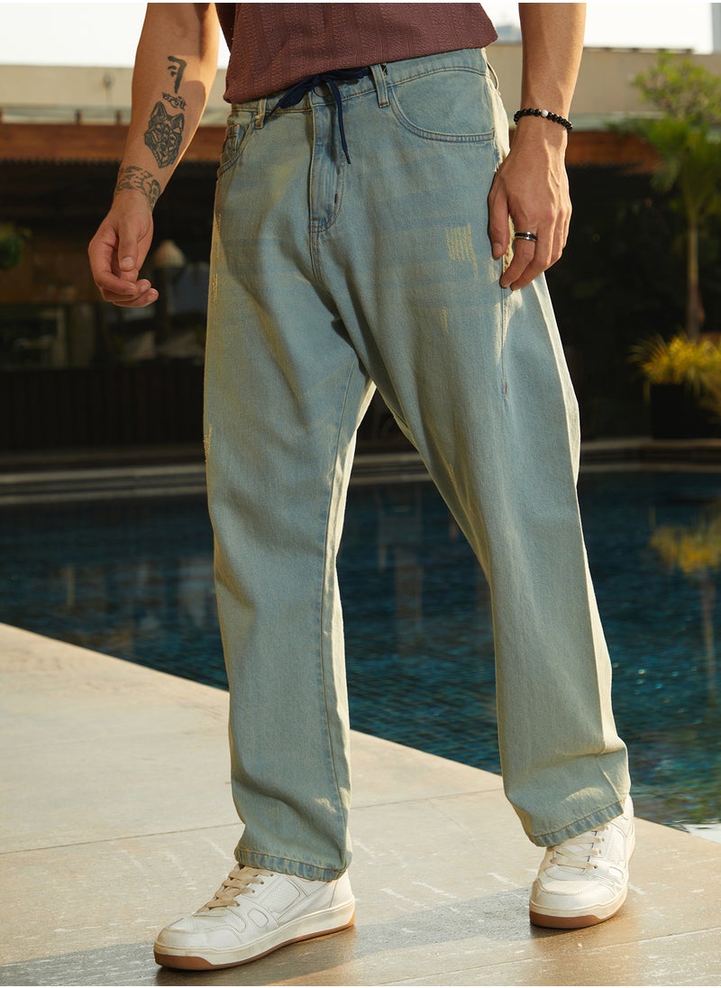 Men's Light Blue Light-Wash Straight-Fit Denim Jeans