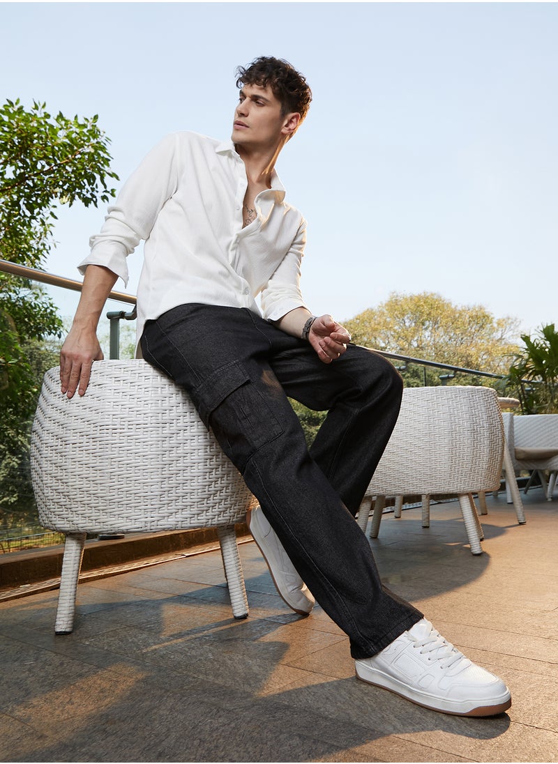 Men's Midnight Black Dark-Wash Cargo Denim Jeans