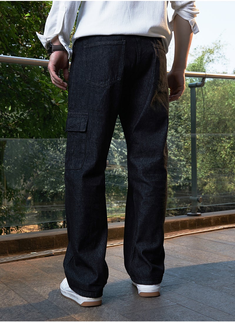 Men's Midnight Black Dark-Wash Cargo Denim Jeans
