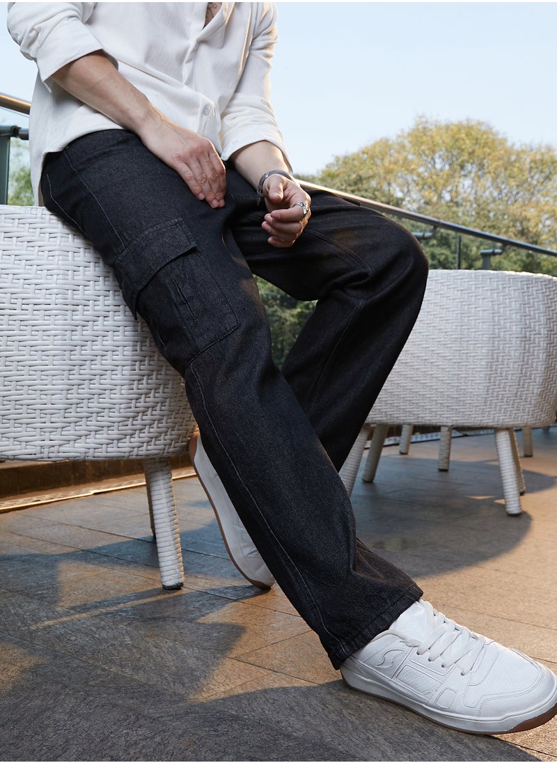Men's Midnight Black Dark-Wash Cargo Denim Jeans