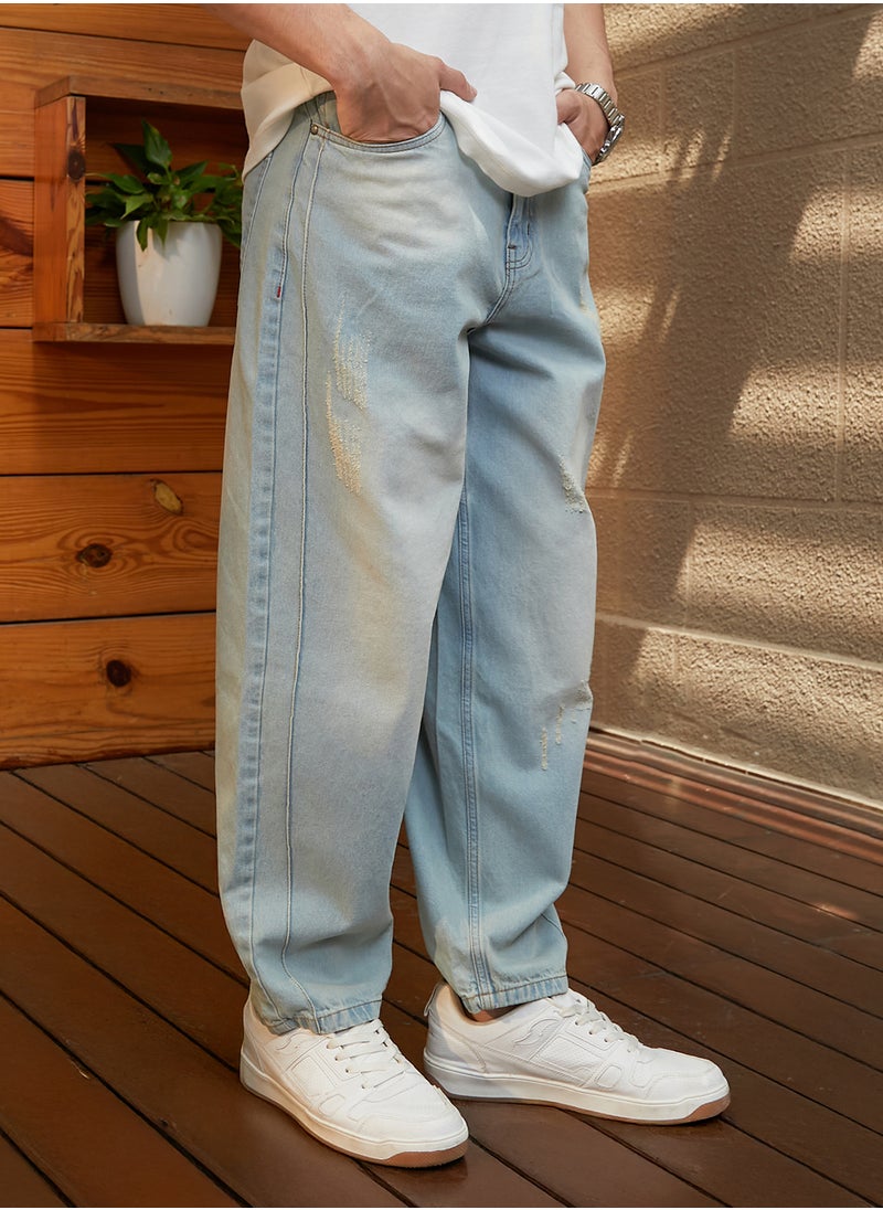 Men's Light Blue Light-Wash Baggy Denim Jeans
