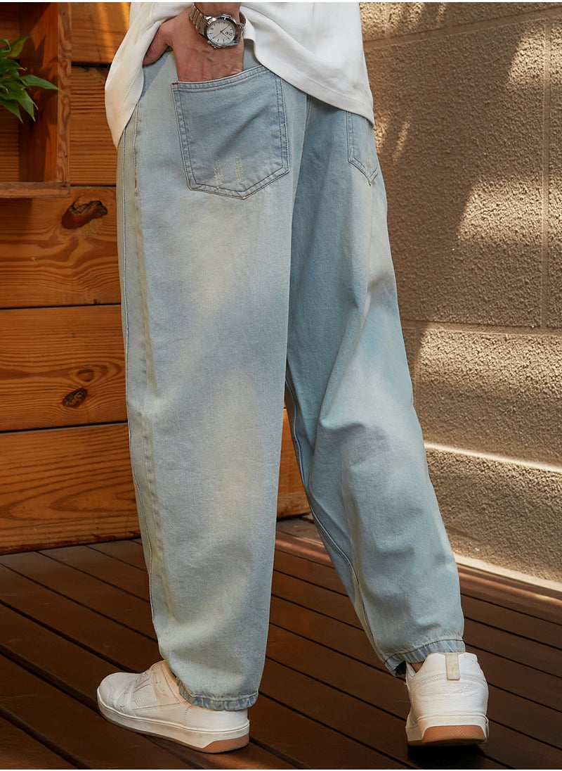 Men's Light Blue Light-Wash Baggy Denim Jeans