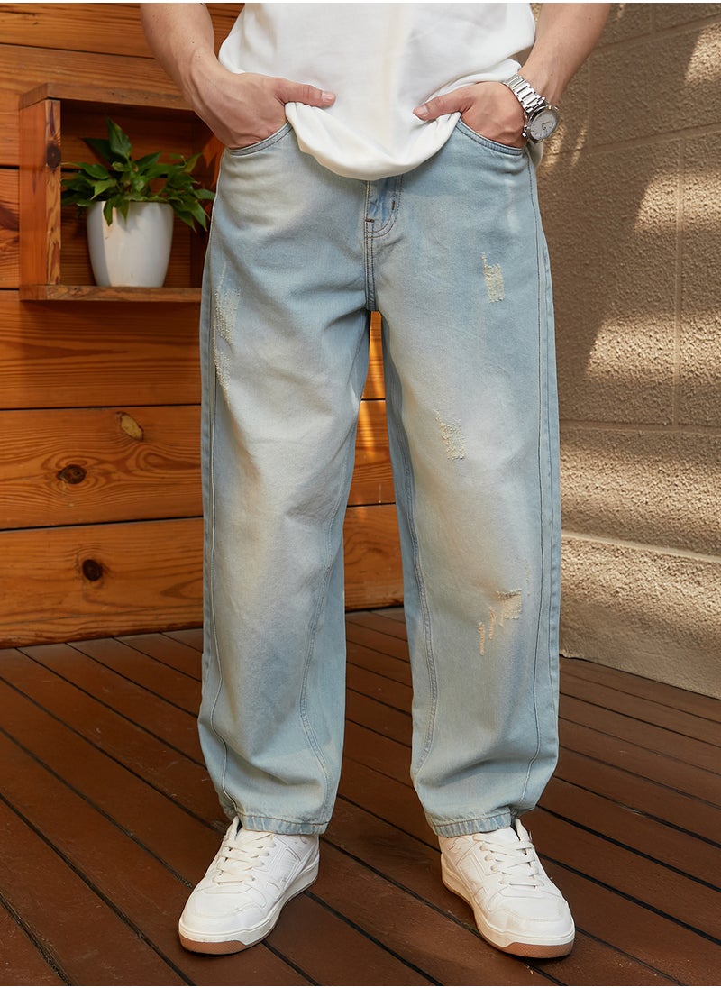Men's Light Blue Light-Wash Baggy Denim Jeans