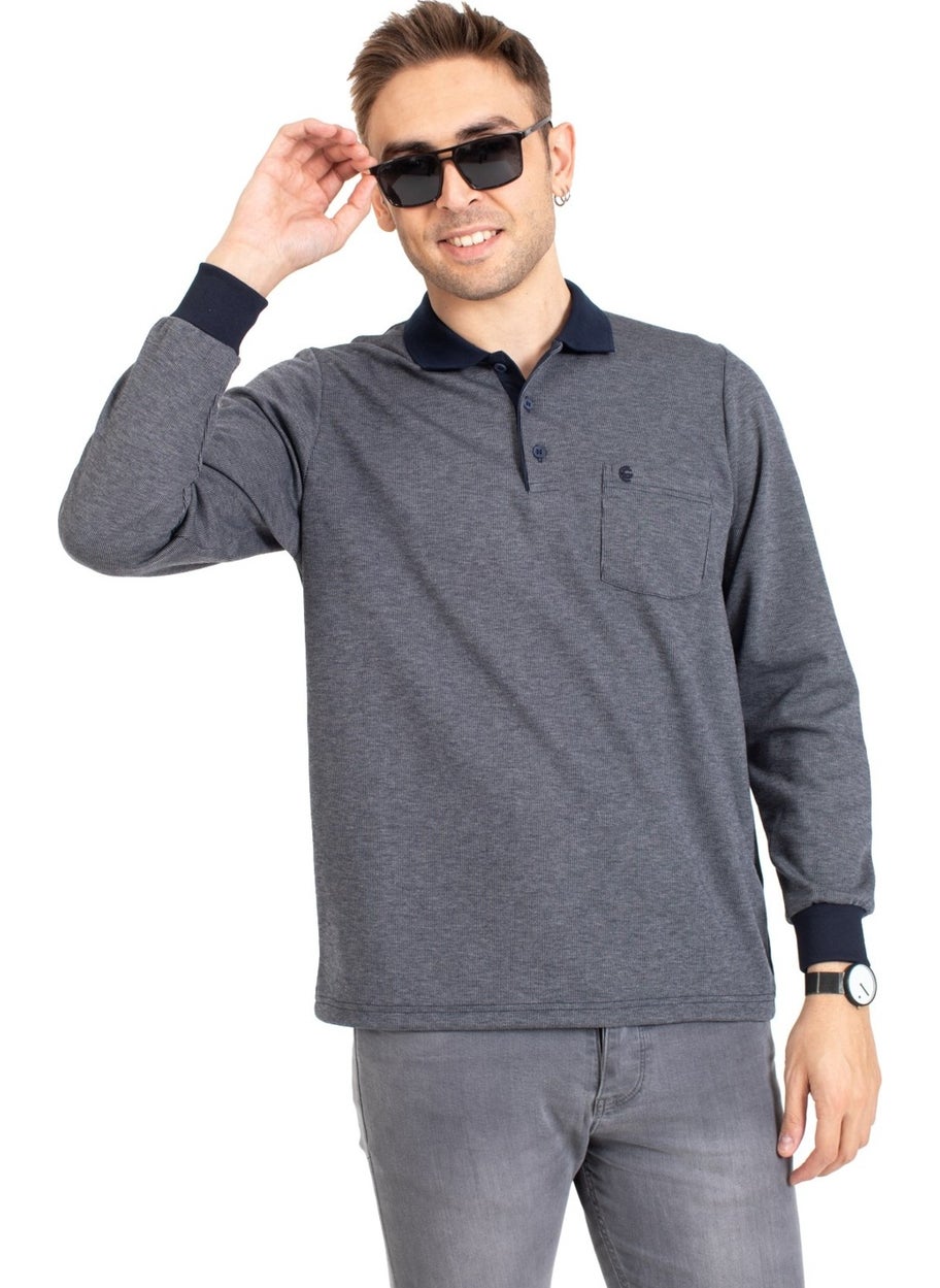 Men's Middle Age and Above Polo Collar Pocket Long Sleeved Corduroy Seasonal Sweatshirt 1219-Gray