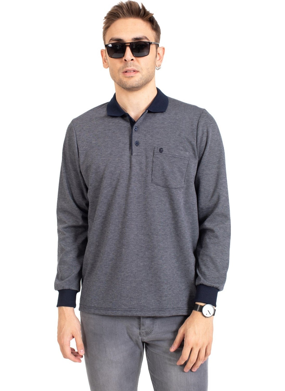 Men's Middle Age and Above Polo Collar Pocket Long Sleeved Corduroy Seasonal Sweatshirt 1219-Gray
